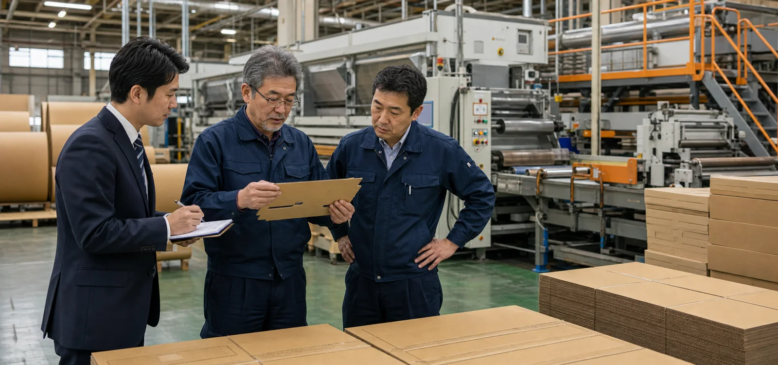 段ボール製造工場で経営者・製造責任者・M&Aアドバイザーが設備と製品を確認する様子