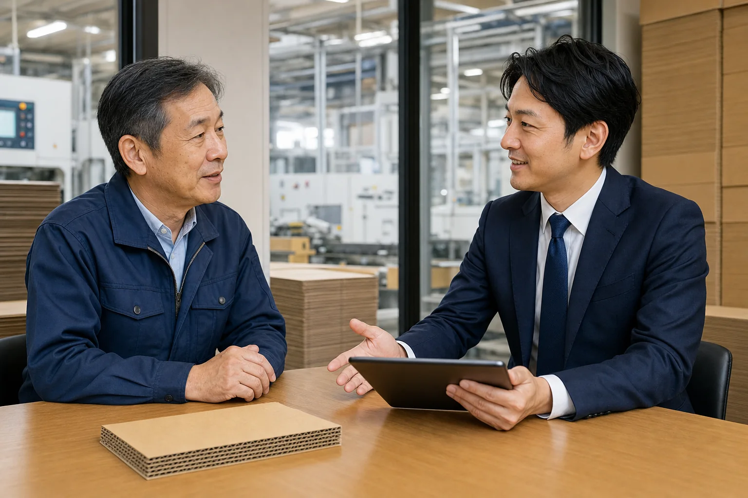 段ボール工場の経営者とM&Aアドバイザーが事業承継について相談する様子