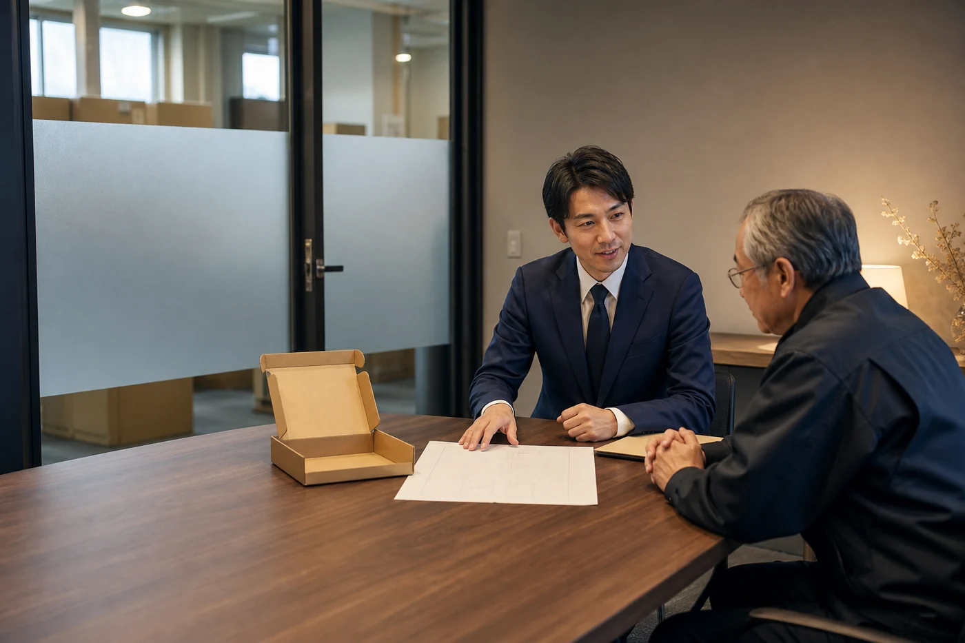 個室で段ボール会社の事業承継を相談する風景（イメージ）
