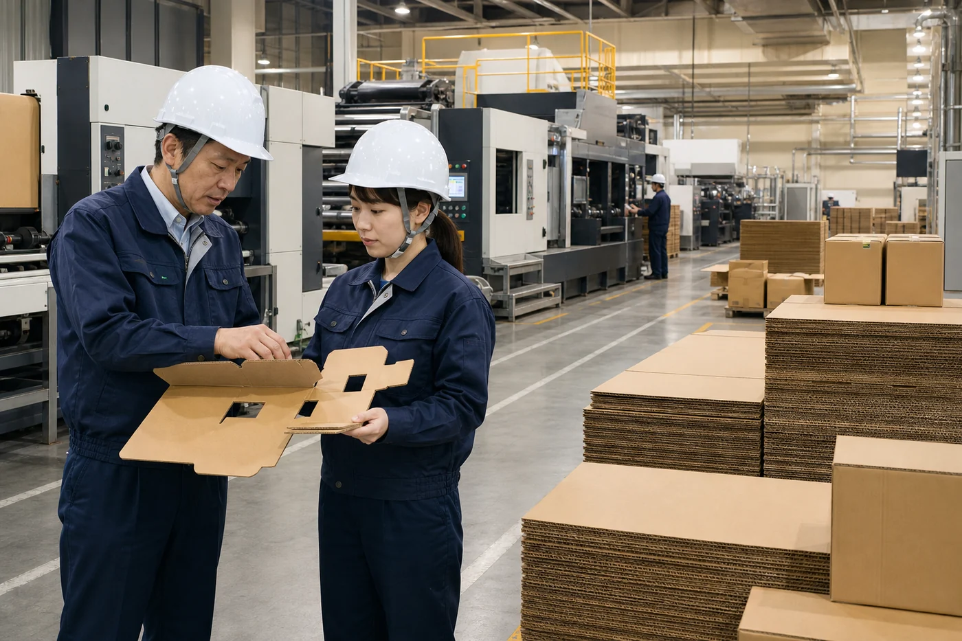 段ボール工場で設備と製函サンプルを確認する風景（イメージ）