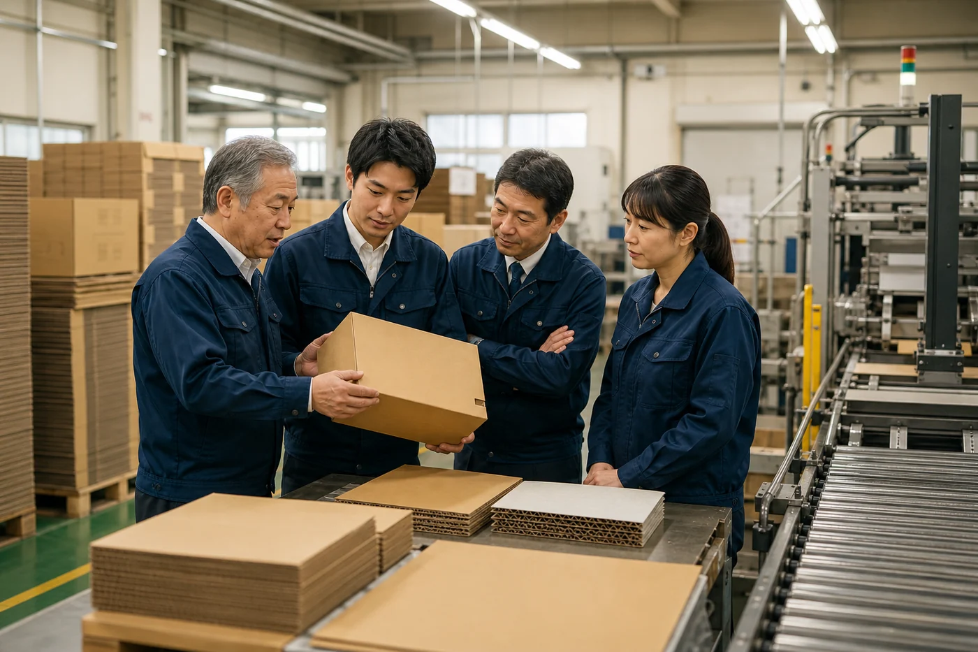 段ボール工場で製品と工程を引き継ぐ経営者と従業員
